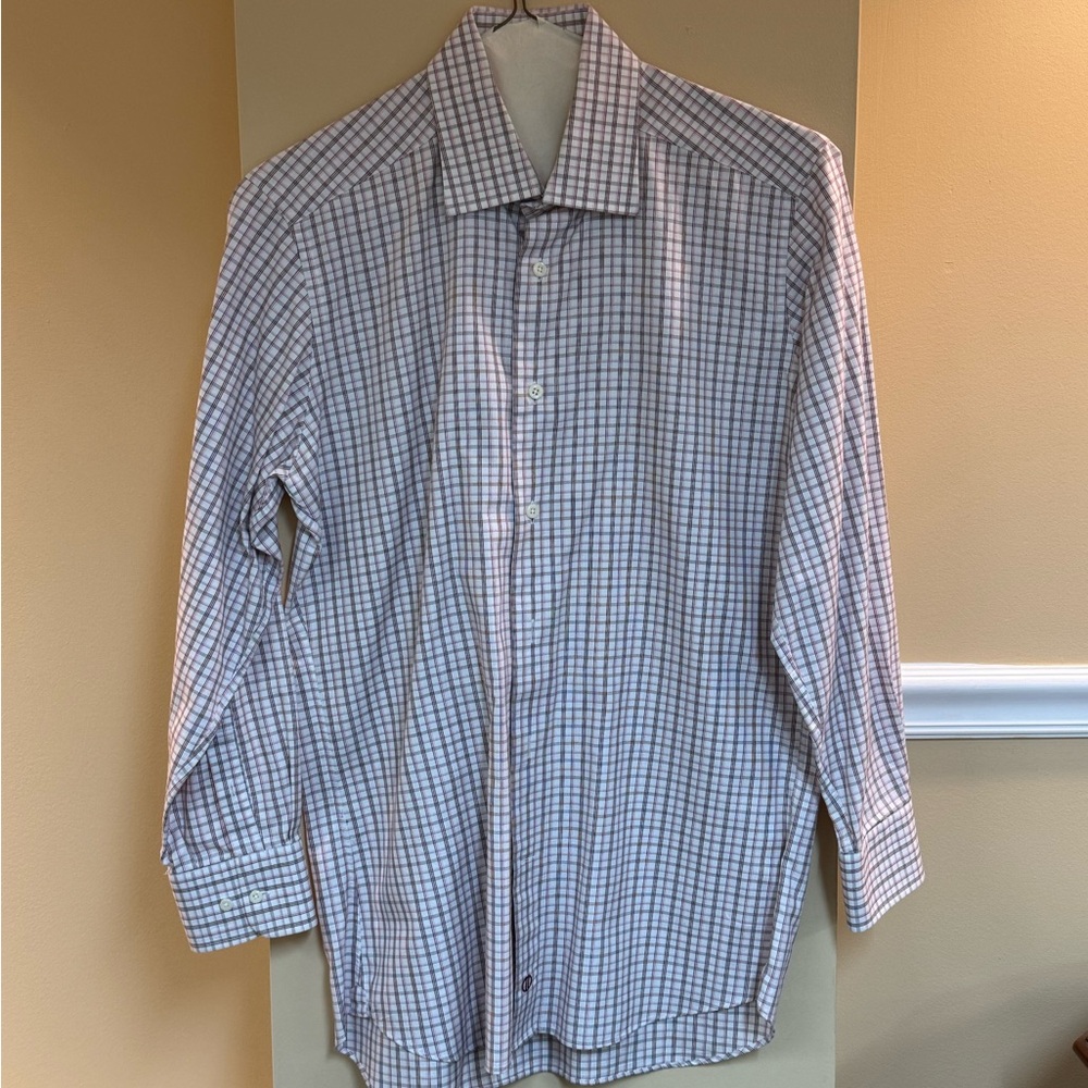 David Donahue Blue and White Windowpane Dress Shirt